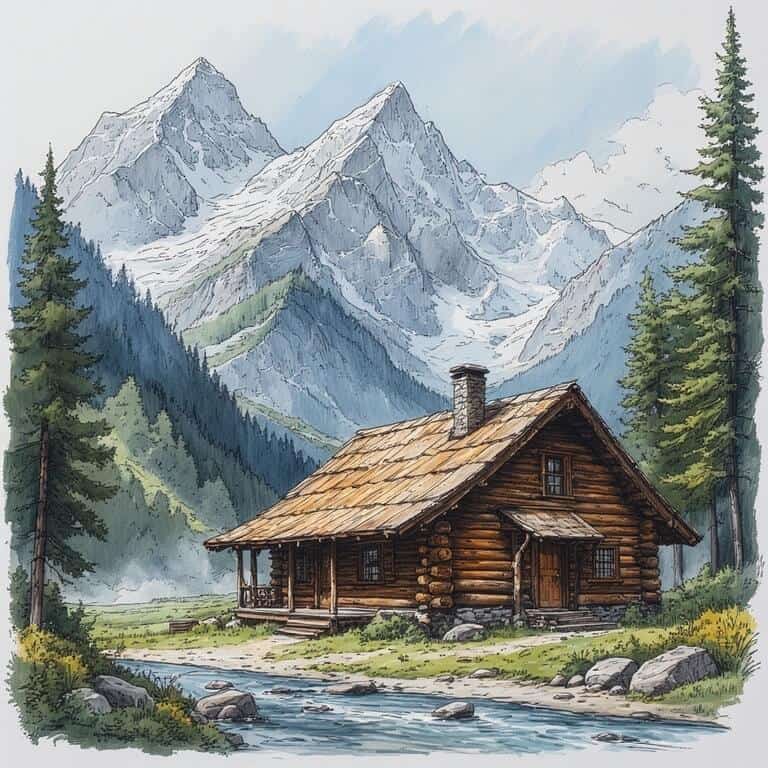 Judge & Jury Village mountain cabin in alpine scenery, surrounded by tall pine trees and a flowing creek, representing a rustic, natural setting for outdoor adventure and wilderness experiences.